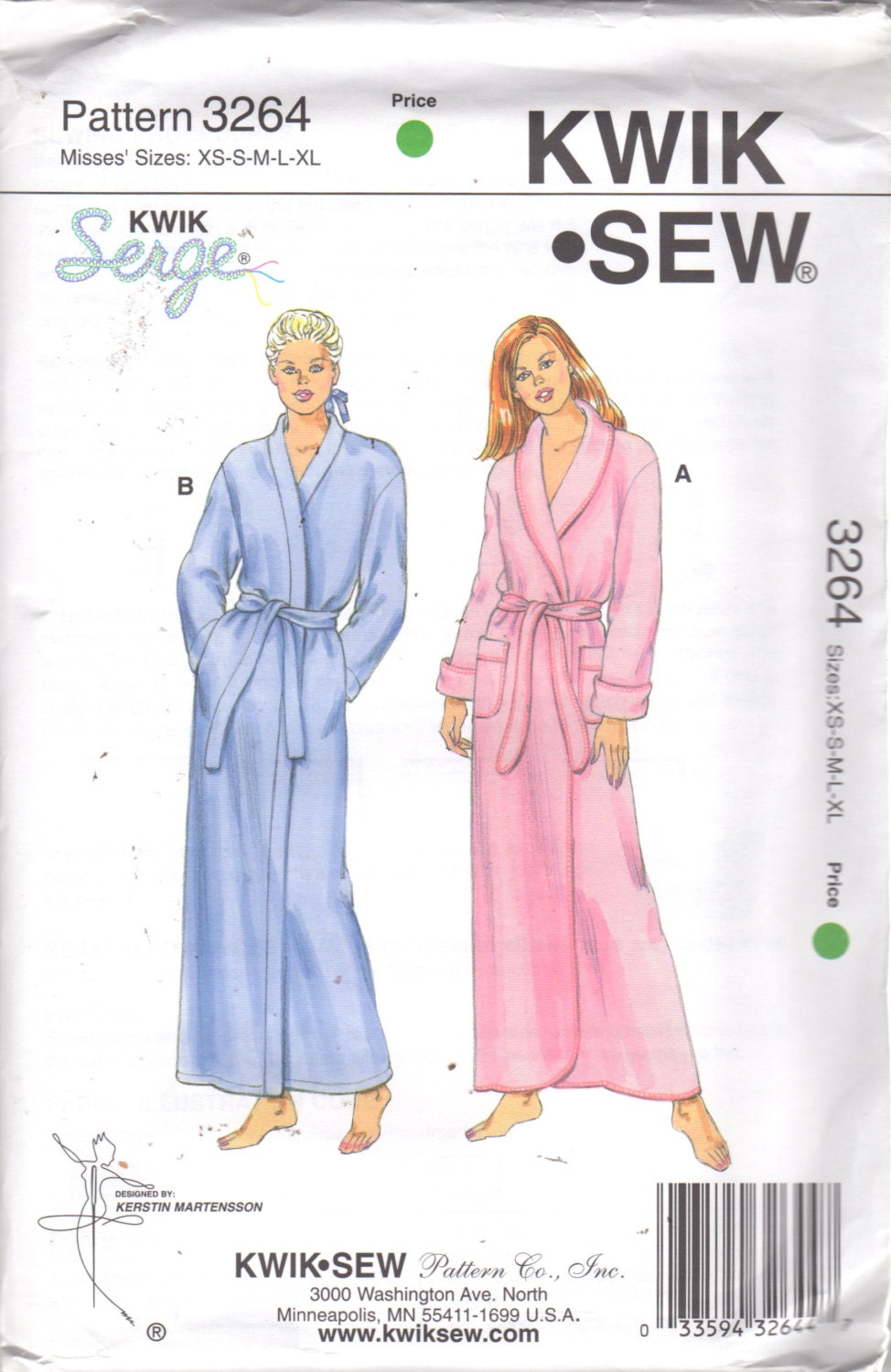 Kwik Sew 3264 Misses Cuffed Shawl Collar Wrap Robe Pattern