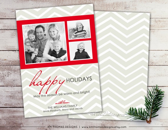 Chevron Photo Holiday Card - Printable Holiday Photo Card - Multi Photo Holiday Card - Red and Gray Chevron Background - WH111 Il_570xn