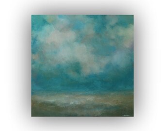 Oil Painting on Canvas- Blue and Green Sky Clouds and Field Abstract Landscape- 20 x 20 Original Palette Knife Art