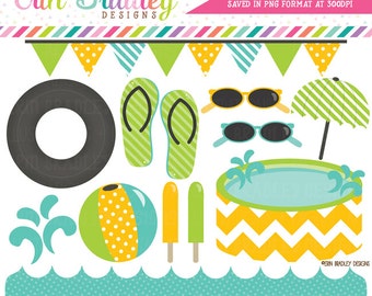 Pool Party Clipart Graphics Blue Yellow & Green Digital Clip Art Beach and Summer Graphics Instant Download