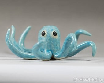 Blue Pottery Octopus - Miniature Ceramic Porcelain Clay Animal Sculpture Decorative Home Decor Ornament - Terrarium Figurine Hand Sculpted
