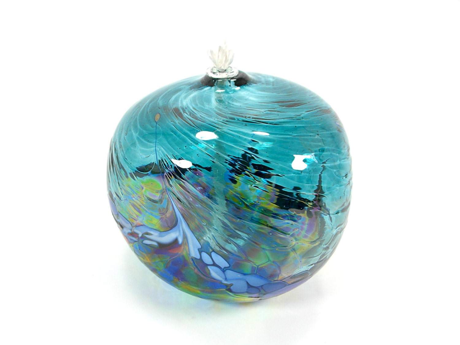 Hand Blown Glass Oil Lamp In Teal And Multicolored Art Glass 9296