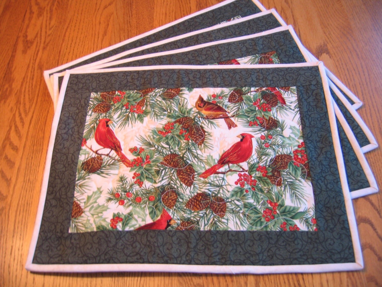 Quilted Placemats with Cardinals and Pinecones