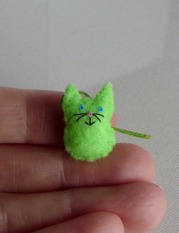 Lime green Cat miniature felt stuffed plush toy by wishwithme