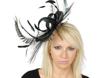 Trisha Black Peacock Fascinator Hat for Kentucky Derby, Weddings and Christmas Parties on a Headband