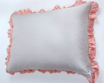Pillow Case with Ruffle - 100% Silk - Grey with Pink