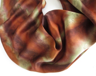 Brown Silk Scarf, Hand Painted Brown Silk Scarf, Green Silk Scarf, Hand Painted Silk Scarf, Hand Painted Green Silk Scarf, Autumn Colors