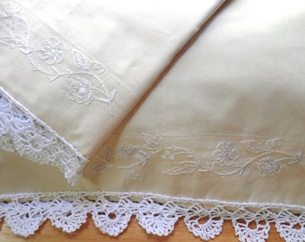 Handmade Ivory, Cream Pillowcases, Whitework Embroidery, Hand-Crocheted Edging