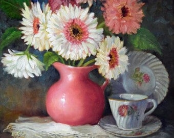 PINK Gerbera Daisies Still Life Painting, Original Art On Canvas Painting by Cheri Wollenberg