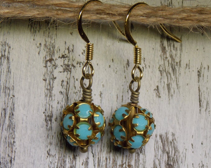 Vintage Turquoise Brass Ball Earrings Simple Light Minimalist Vintage Rhinestones Petite Round Dangle Drop Petite Earrings Opaque Turquoise