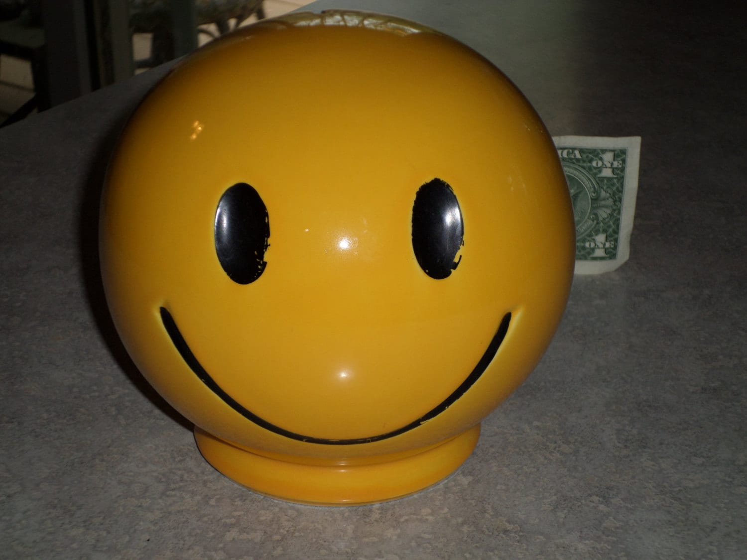 McCoy Pottery yellow SMILEY FACE round BANK happy face for