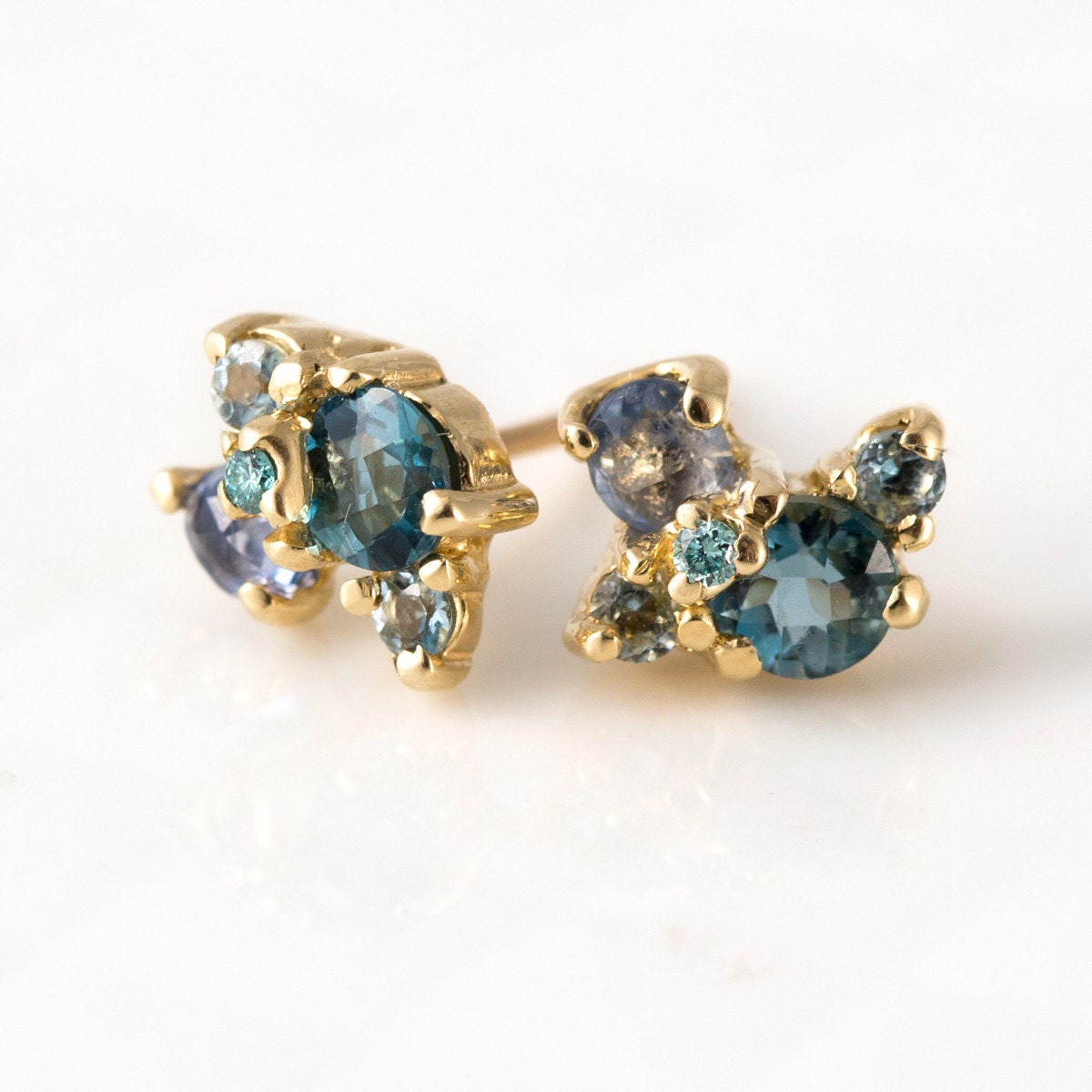 Blue Gemstone Cluster Stud Earrings in 14K Yellow Gold