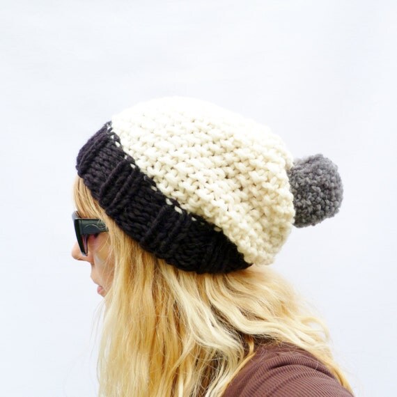 Chunky Knit Colour Block Slouchy Bobble Hat Black Cream and