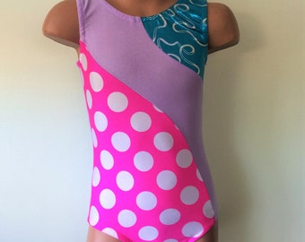 Purple Gymnastic Dance Leotard with Pink Polka Dots and Swirly Turquoise Insert. Toddlers Gymnastics Leotard. Dancewear. Sizes 2T-Grils 12