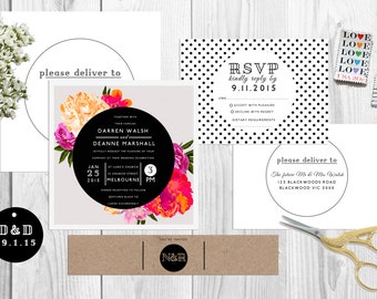Square Modern Floral Wedding Invitation Set
