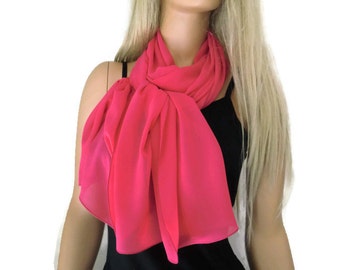 Solid pink chiffon scarf-Lipstick pink Long chiffon scarf-Solid pink chiffon scarves-Parisian Neck Tissu