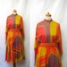 1960s / 70s Vintage Silk Chiffon Dress / Coral Chartreuse Grey Geo Colour Block Dress