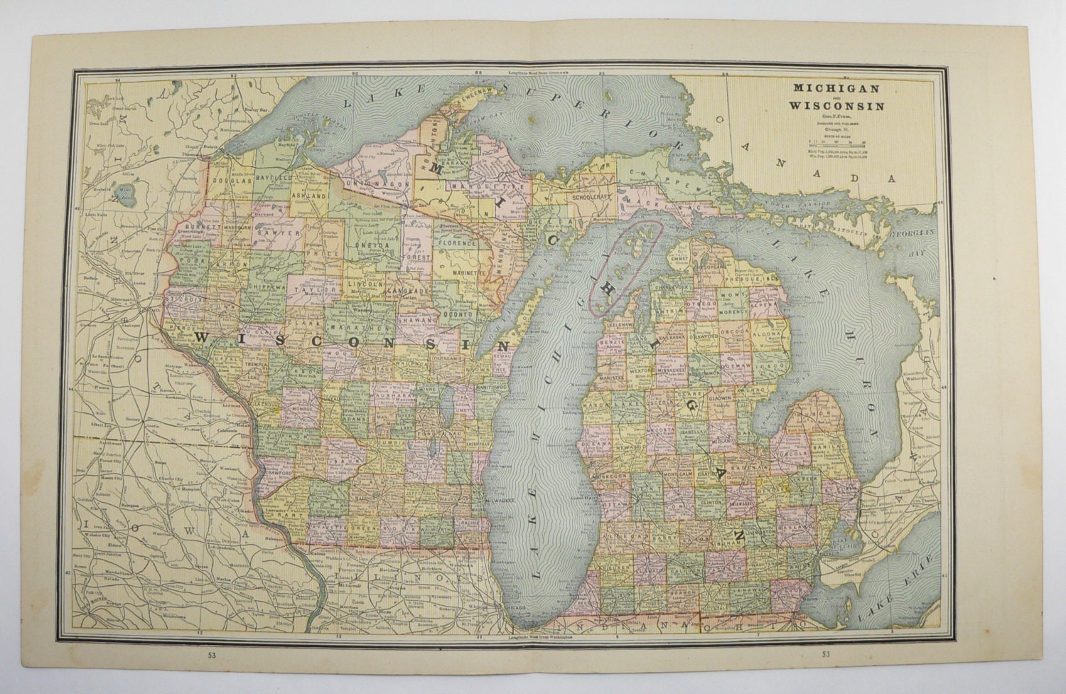 Antique Michigan Map Wisconsin Upper Peninsula Map 1887