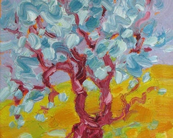 Seul - Avec Mes Rêves, Original oil painting on Canvas board. Olive Tree painting. Olivier. Dreams. Yvonne Wagner. 4" x 6" ( 10 x 15 cm)