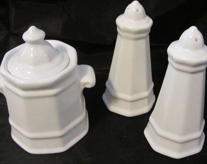 Vintage Pfaltzgraff White Heritage Salt and Pepper Shakers and Sugar Bowl, Stoneware Serving Set