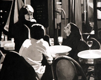 Black and white original painting by Elizabeth Barenis, "Rencontrer," 20" x 20", French Cafe Scene, Framed acrylic on canvas