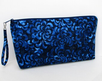 Large Zippered Project Bag Pouch, Blue Batik Flower Petals
