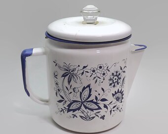 Vintage Coffee Pot, Blue Onion Enamel, Farmhouse Kitchen, Coffee Percolator, Enamelware Pot, Rustic Coffee Pot Decor, Blue White Enamel