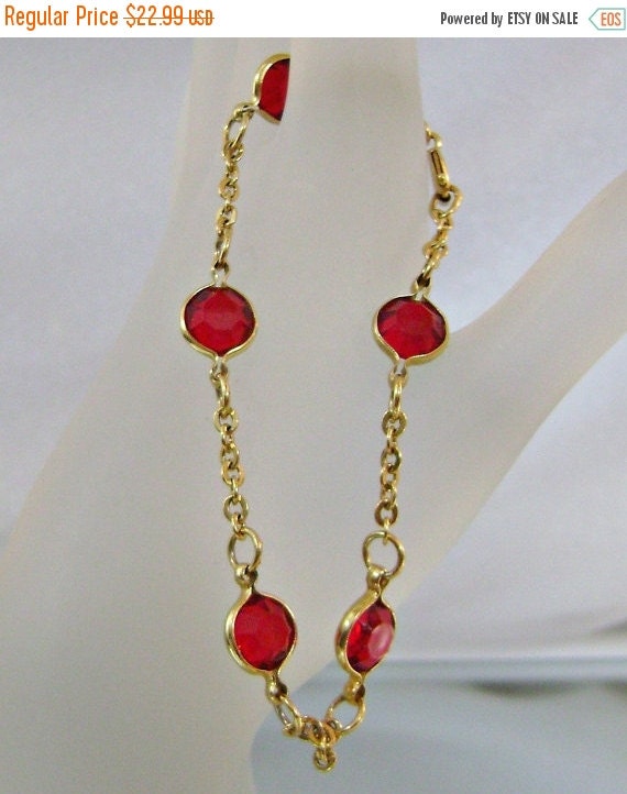 SPRING SALE Vintage Bracelet Gold Link and Red Crystal by waalaa