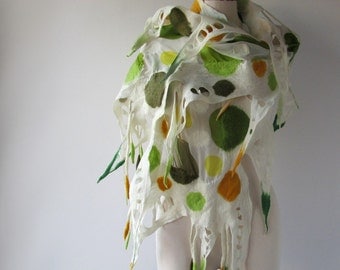 Nuno Felted scarf Summer scarf Nuno felted shawl Green White scarf Green polka dots felted shawl by Galafilc
