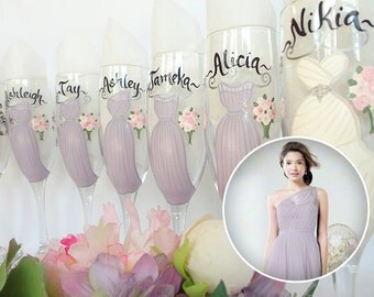 Hand Painted Personalized Bridesmaid Champagne Glasses, Bridesmaid Gifts, EXACT DRESS REPLICA of Your Dresses, Personalized Bridesmaid Gifts