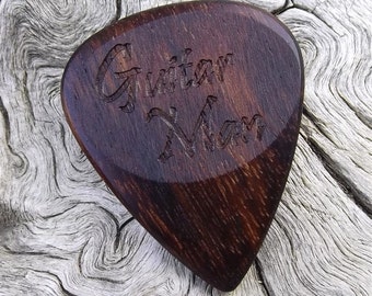 Wood Guitar Pick - Premium Quality - Handmade With Granadillo - Laser Engraved Both Sides - Actual Pick Shown - Artisan Guitar Pick