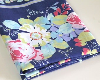 Vintage Reclaimed Bed Sheet Fabric - Navy Blue Floral Stripe - 1+ yard in unused condition