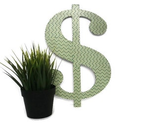 Home Decor "Dollar" Symbol - Large Dollar Sign Decor Item - Green Chevron Design Shelf Sitter - 13 Inch Money Symbol Photo Prop