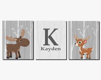 Woodland Nursery Decor, Moose, Deer, Woodland Animals, Nursery Wall Art, Canvas or Prints, Kids Wall Art, Personalized Forest Gray Set of 3