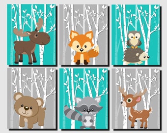Woodland Nursery, Woodland Wall Decor Kids, Teal, Gray, Forest Animals Wall Art, Kids Wall Art, Fox, Deer, Moose, Set of 6 Prints or Canvas