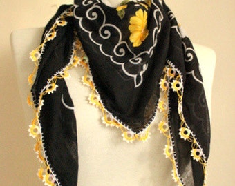 BLACK Yellow scarf Turkish Yemeni Square Scarf bridal scarf authentic, romantic elegant, fashion,