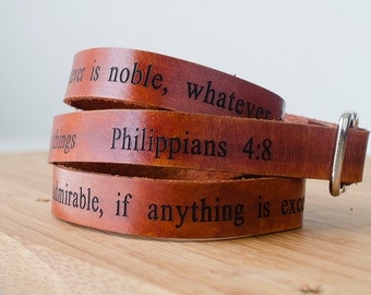 Philippians 4:8 Scripture Bible Verse Leather Wrap Bracelet - whatever is true, whatever is noble, whatever is right, whatever is pure