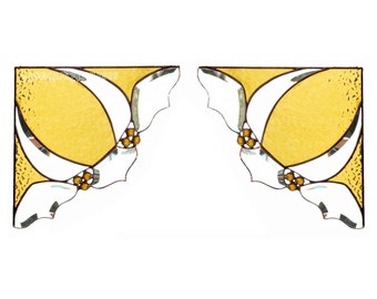 PAIR Stained Glass Window Corners Window Valance Amber Yellow Bevels