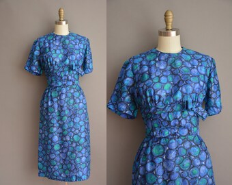 50s blue silk vintage wiggle dress / vintage 1950s dress