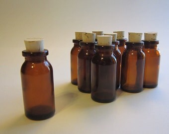 10 small brown glass bottles with corks or without - vials - 10ml - 2 inches tall - apothecary style bottles