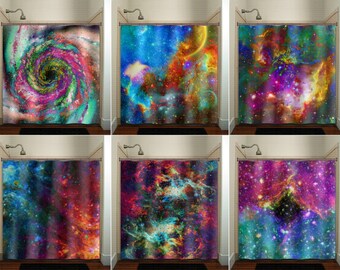 Rainbow Nebula Planet Outer Space Galaxy shower curtain bathroom decor fabric kids bath window curtains panels valance bathmat