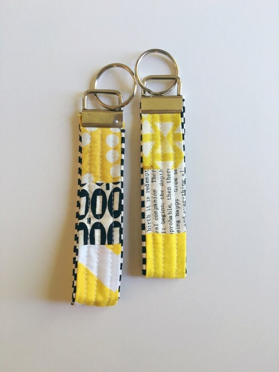 yellow keychain lanyard fabric wristlet key fob by leahbeequilts