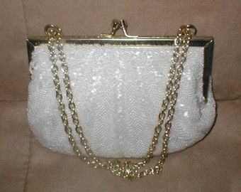 Vintage WHITE Beaded Evening Bag Purse
