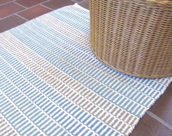 Coastal Beach Decor Ocean Blue Plaid Woven Wool Couch Throw - Rustic Wool Woven Rug, Coastal Beach Cottage Decor, Modern Cabin, French  Country Farmhouse Home Decor Handwoven Blue Natural White Gray Rug