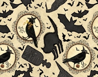 Halloween Cream Black Black Cats, Ravens, Bats - Come Sit a Spell from Wilmington Prints - Full or Half Yard