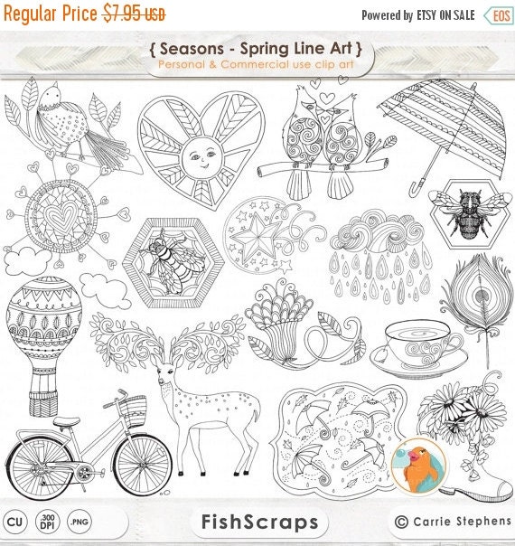 Spring Line Art To Color 50% SALE Spring Line Art Bundle Season's PNG by FishScraps on Etsy