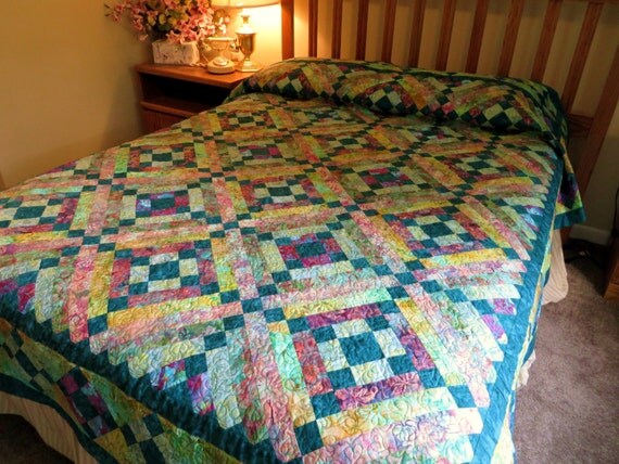 Handcrafted Full/Twin patchwork batik bed quilt teal golds