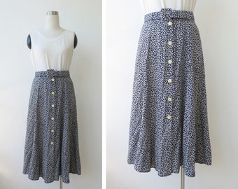 90's Button Front Skirt M Grunge Skirt Long Skirt Floral Rayon Skirt Flared Summer Skirt Button Skirt High Waist Midi Black Skirt M