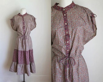 vintage 1970s boho dress - MAUVE pink calico peasant dress / S-M