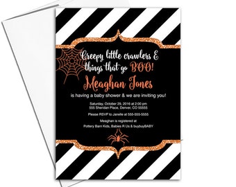 Halloween baby shower invitations | orange, black and white stripes | halloween invites | spider web | printable or printed - WLP00756